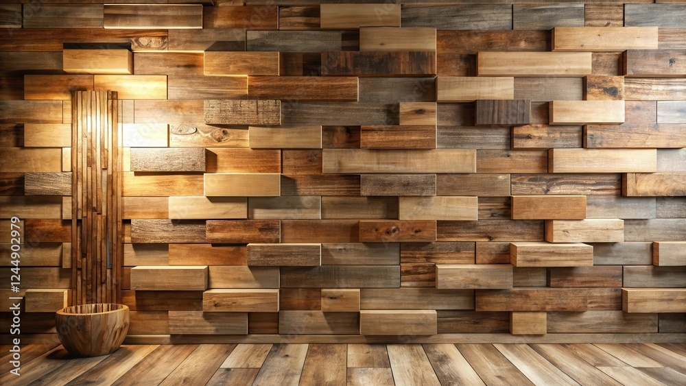 Rustic Wooden Wall Paneling with Ambient Lighting and Wooden Bowl Rustic Wooden Wall Paneling with Ambient Lighting and Wooden Bowl