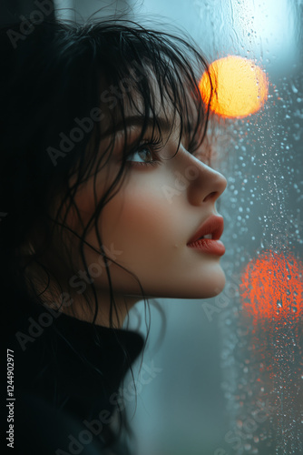 A woman stands at a foggy window gazing outside at the falling rain with her reflection visible on the glass creating a nostalgic and melancholic atmosphere