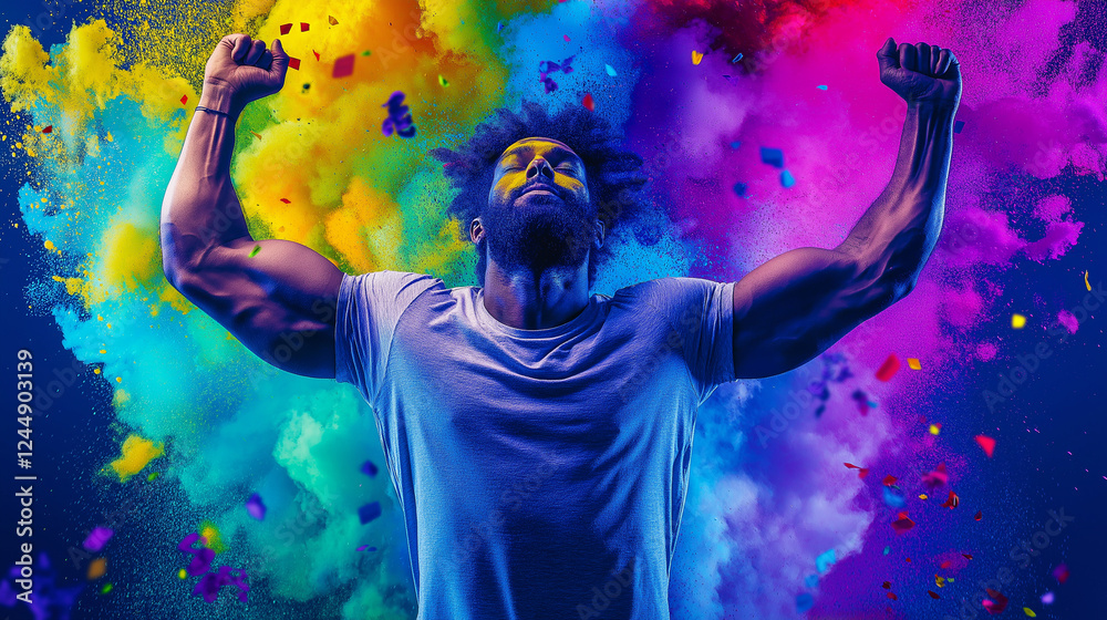 Athletic indian man in vibrant Holi colors with dynamic background of exploding powder, celebrating culture, energy, freedom, and festival joy with powerful, artistic expression. Athletic indian man in vibrant Holi colors with dynamic background of exploding powder, celebrating culture, energy, freedom, and festival joy with powerful, artistic expression.