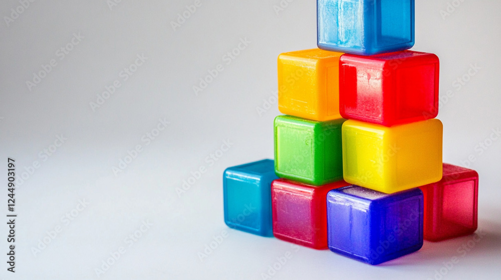 Bright multicolored plastic building blocks stacked in tower formation, vibrant educational toy concept, glossy surface reflections, primary color palette Bright multicolored plastic building blocks stacked in tower formation, vibrant educational toy concept, glossy surface reflections, primary color palette