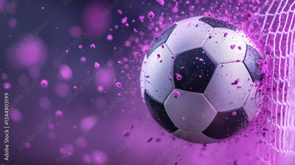 Naklejka premium Dramatic soccer ball in mid air collision with a net surrounded by a vibrant purple and pink backdrop with a sense of movement and impact