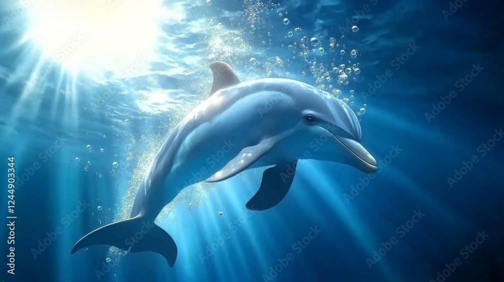 Fototapeta premium Single dolphin diving underwater, surrounded by sun rays filtering through, with bubbles and a peaceful marine ambiance