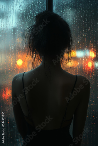 A woman stands at a foggy window gazing outside at the falling rain with her reflection visible on the glass creating a nostalgic and melancholic atmosphere