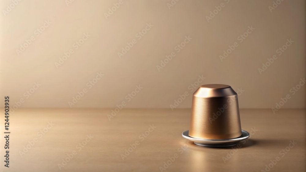 A copper-toned cylindrical container rests on a small, circular metallic base, showcasing a minimalist product display on a light brown surface A copper-toned cylindrical container rests on a small, circular metallic base, showcasing a minimalist product display on a light brown surface