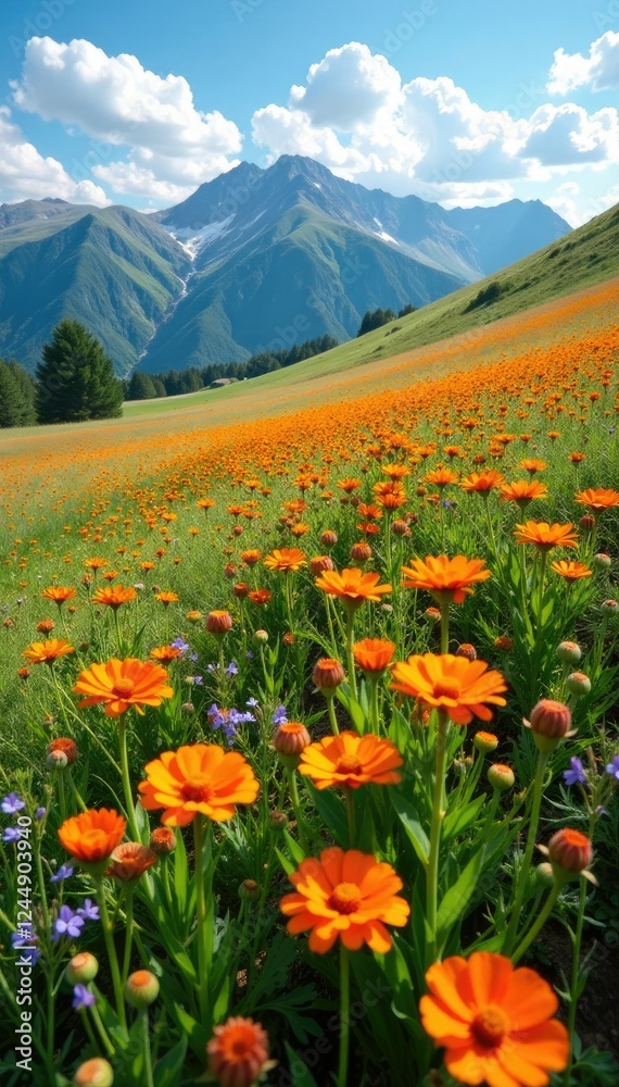 A carpet of colorful wildflowers blanketing the landscape, orange, colorful flowers, landscape A carpet of colorful wildflowers blanketing the landscape, orange, colorful flowers, landscape