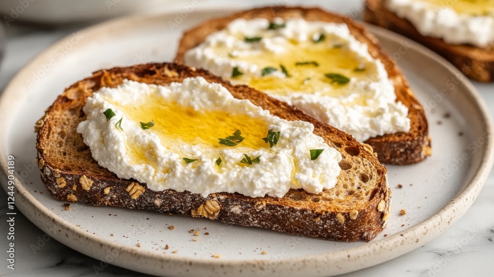 Toasted multigrain bread with fresh ricotta cheese and a drizzle of honey, set on a marble countertop for a simple and elegant breakfast scene Toasted multigrain bread with fresh ricotta cheese and a drizzle of honey, set on a marble countertop for a simple and elegant breakfast scene