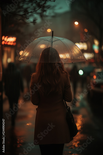 A woman stands alone in the rain at night, holding a transparent umbrella, with city lights reflecting off the wet pavement, creating a reflective and moody scene
