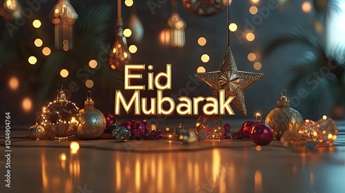 Elegant Eid Mubarak Celebration with Golden Ornaments and Sparkling Lights