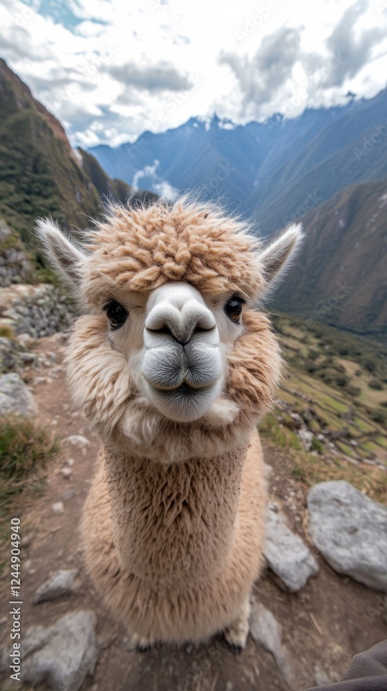Obraz premium Close-up of a fluffy alpaca looking directly at the camera, set against a stunning mountain backdrop.