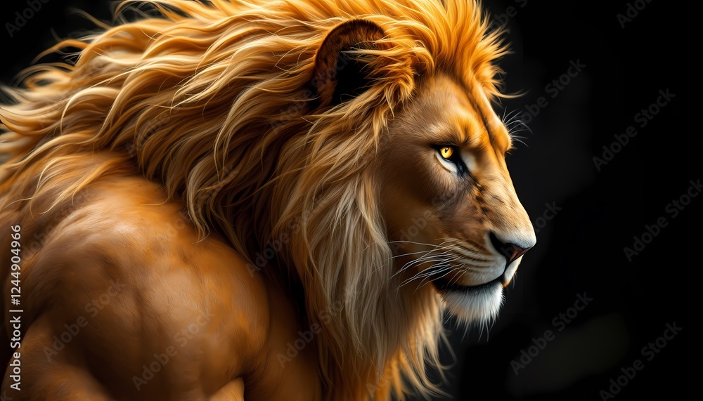 Fototapeta premium Majestic Male Lion Profile Portrait with Golden Mane