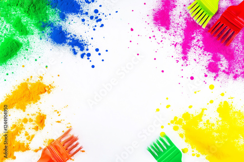 Creative Holi festival artistic arrangement with colorful powder splashes, paintbrushes, and abstract strokes, symbolizing joy, culture, and the celebration of vibrant festive traditions. photo