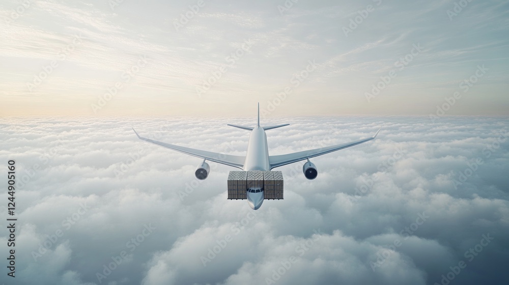 Obraz premium Cargo plane flying above clouds carrying cardboard boxes.
