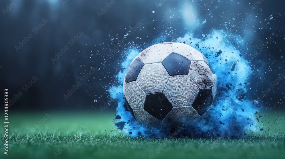 Naklejka premium Explosive FootballSoccer Ball in Dynamic Action on Lush Green Playing Field with Vibrant Blue Lighting Effects Capturing the Intensity and Energy of the Sport