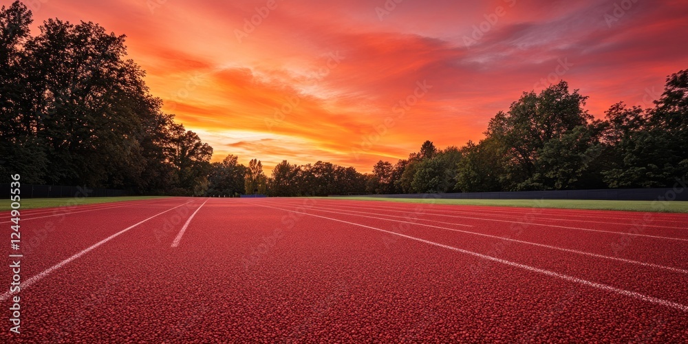 Running track at sunset. Red lanes lead towards vibrant, fiery sky. Running track at sunset. Red lanes lead towards vibrant, fiery sky.