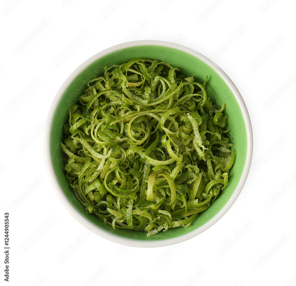 Fresh lime zest in bowl isolated on white, top view Fresh lime zest in bowl isolated on white, top view