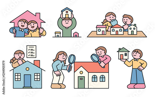 Minimalist illustration of people searching for a home, inspecting properties, and making housing decisions. A perfect visual for real estate, home buying, and property investment concepts. 