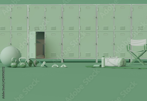 Green locker, school locker and sports bag on pastel background. copy space. 3d render