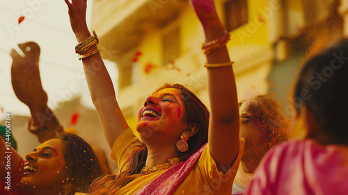 Beautiful woman celebrating Holi festival with yellow powder on her face, arms raised in joy, symbolizing happiness, tradition, and cultural festivity in India. photo