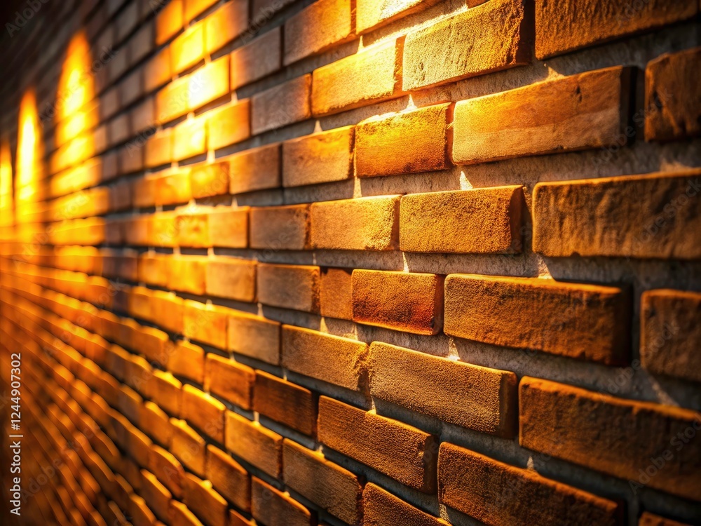Naklejka premium Dark brick texture glows in urban night photography, illuminated against a shadowy background.