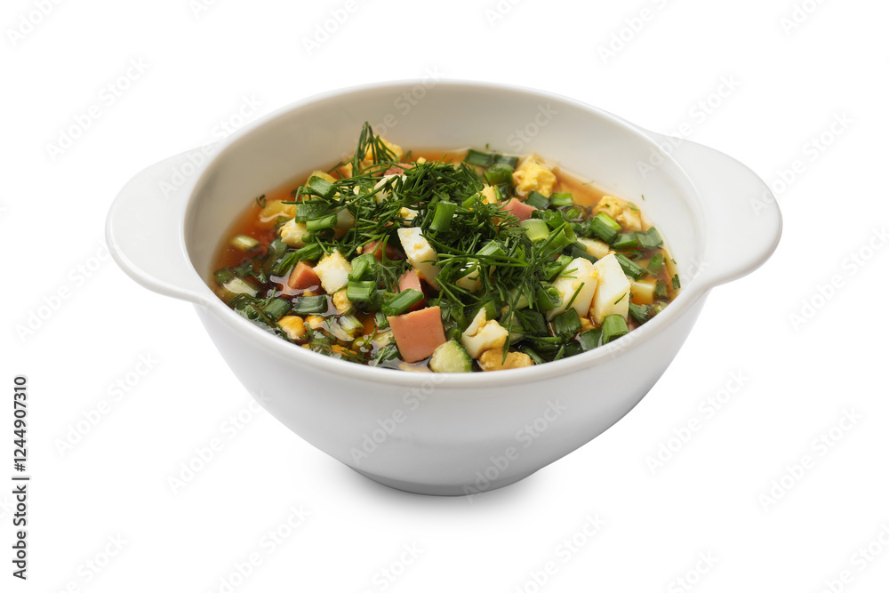 Delicious okroshka soup with kvass isolated on white Delicious okroshka soup with kvass isolated on white