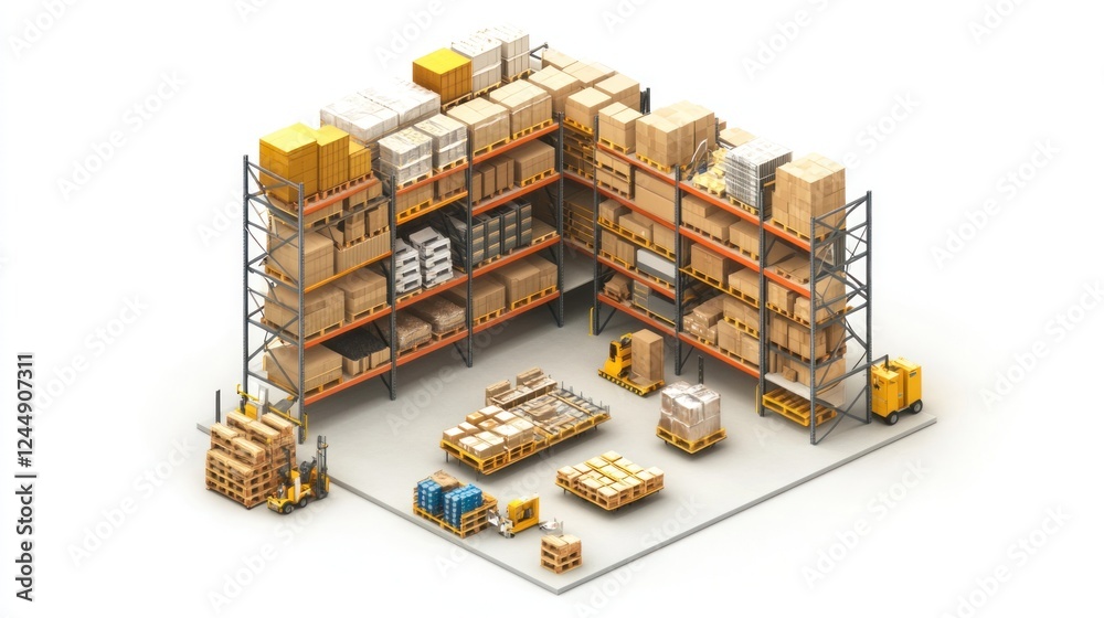 Naklejka premium Isometric view of a warehouse with shelves full of cardboard boxes and pallet jacks.