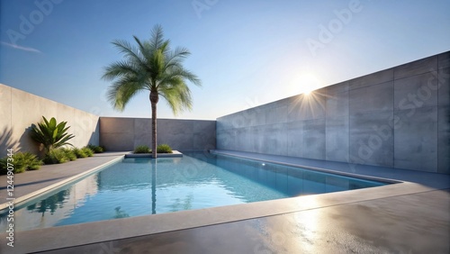 Wallpaper Mural Modern minimalist pool design with palm tree and concrete walls under a sunny sky Torontodigital.ca