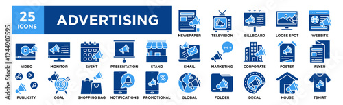 Advertising icon collection set. Containing design Newspaper, Television, Billboard, Loose Spot, Website	