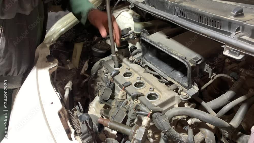 Mechanic using wrench while working on car engine at garage workshop, Car auto services and maintenance check concept. Mechanic using wrench while working on car engine at garage workshop, Car auto services and maintenance check concept.