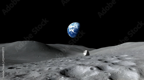 Lunar Surface Shows Earth in the Distance, a Realistic 3D Illustration