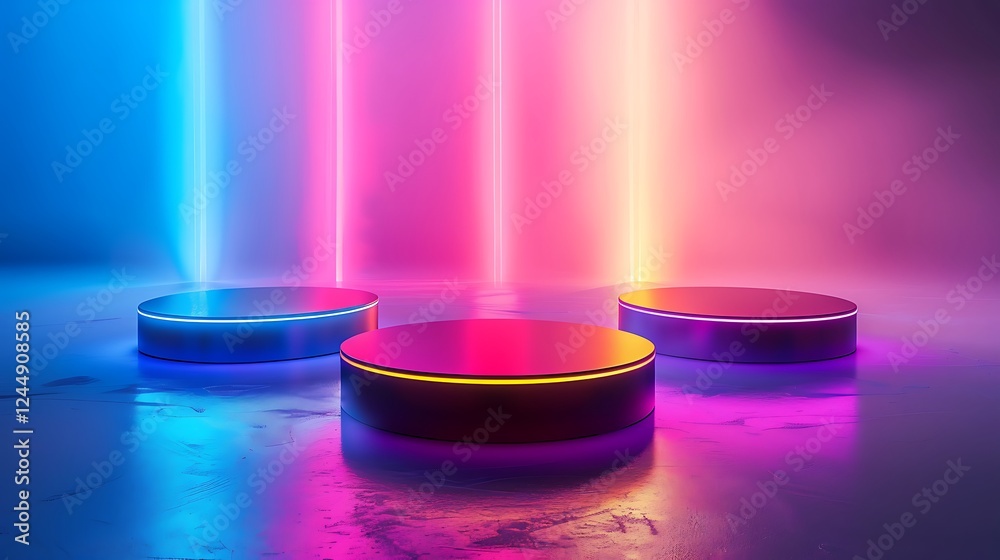 A trio of minimalist circular platforms glowing in vibrant gradients of blue, pink, and gold, surrounded by dynamic light streaks in a futuristic setting. A trio of minimalist circular platforms glowing in vibrant gradients of blue, pink, and gold, surrounded by dynamic light streaks in a futuristic setting.