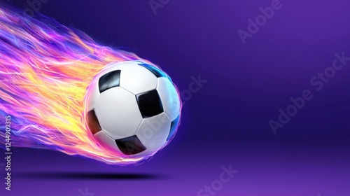 Fiery soccer ball soaring through the air with a glowing aura conveying a sense of speed power and athleticism  The ball appears to be engulfed in flames