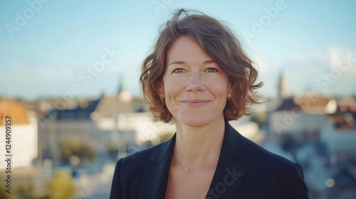 Portrait of a smiling woman with short brown hair, wearing a dark blazer, against a blurred cityscape background. Free Download Portrait of a smiling woman with short brown hair, wearing a dark blazer, against a blurred cityscape background. - GFXLoad