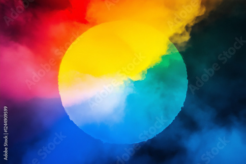 Artistic Holi festival abstract color splash forming a glowing circular pattern with vibrant hues, symbolizing joy, festivity, cultural tradition, and the spirit of celebration. photo