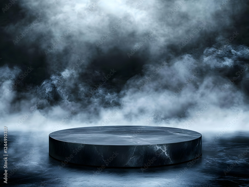 Black marble podium displays on a dark background with dramatic fog and smoke effect. Black marble podium displays on a dark background with dramatic fog and smoke effect.