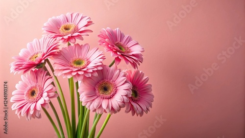 A delicate bouquet of pale pink gerbera daisies arranged against a soft blush background