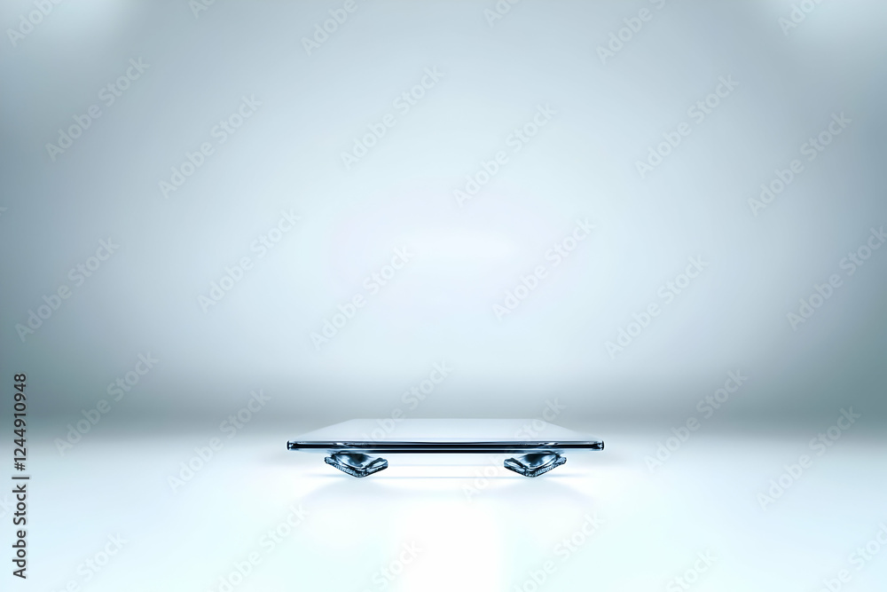 Empty Glass Table Top Display on Soft Light Gray Background with Spotlight Effect for Presentation Empty Glass Table Top Display on Soft Light Gray Background with Spotlight Effect for Presentation