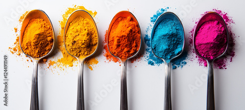 Holi festival color powders in silver spoons with bright blue, orange, pink, and yellow hues, representing cultural celebration, artistic expression, and vibrant festive spirit. photo