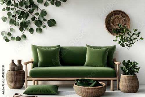 Green sofa with wooden fram...
