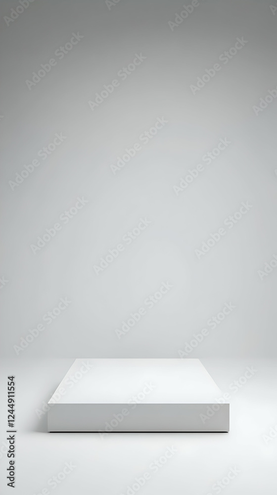 White Square Platform Stands on a White Floor Against a Light Gray Backdrop Elegantly White Square Platform Stands on a White Floor Against a Light Gray Backdrop Elegantly