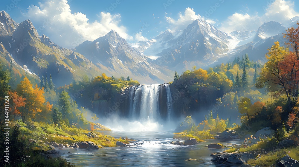 Fototapeta premium Majestic waterfall, autumn mountains, scenic valley, idyllic landscape, nature poster