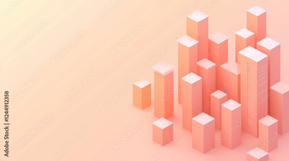 Fototapeta premium Abstract pastel pink city skyline, isometric view, minimalist design.
