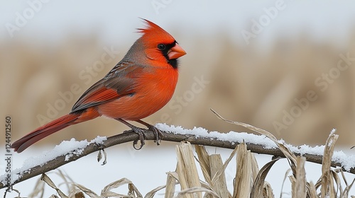 Vibrant cardinal perched on a snowy branch in a winter landscape among golden corn stalks