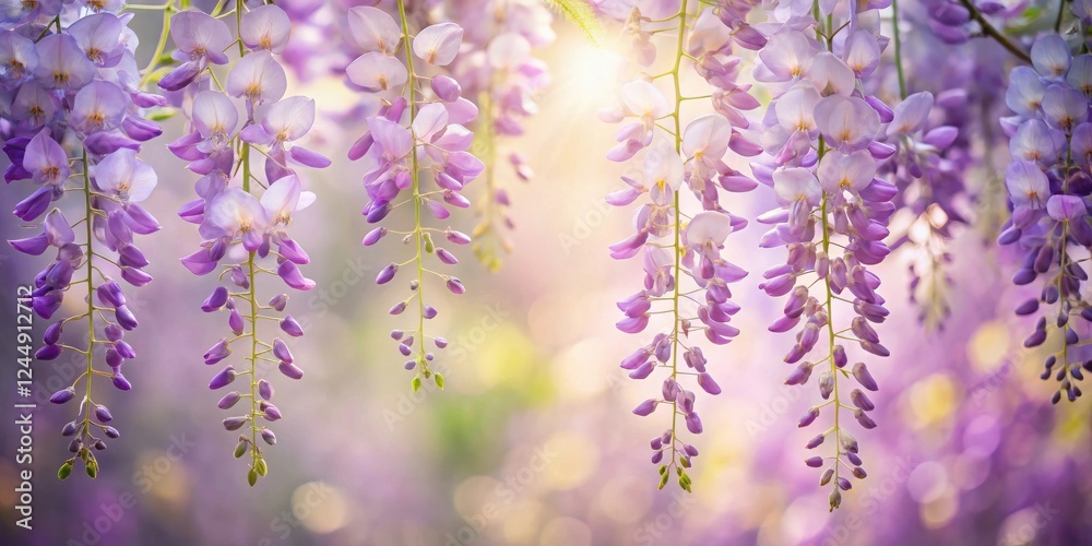 Naklejka premium Serene Purple Wisteria Blossoms Cascading in Gentle Sunlight