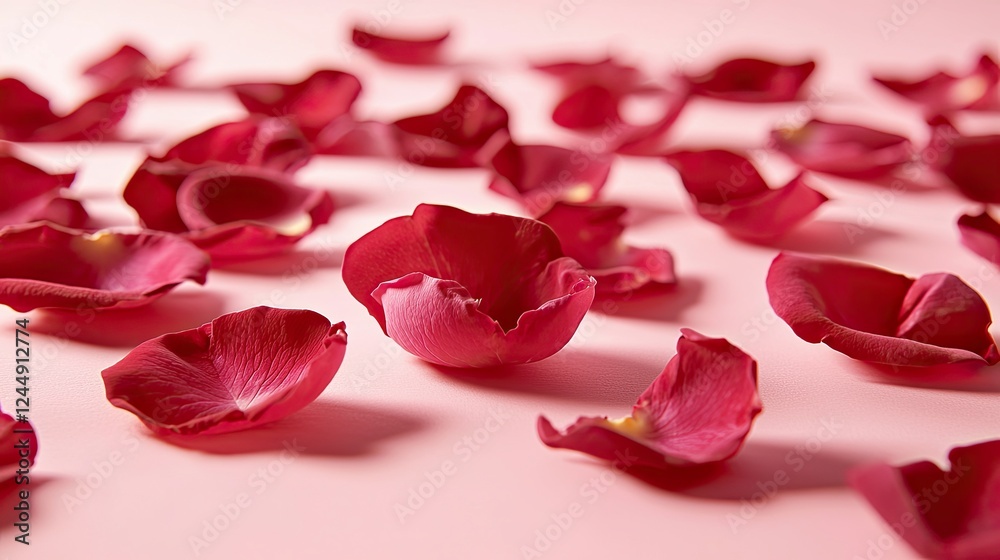 Petals of red roses scattered on a soft pink surface create a romantic and elegant atmosphere for any occasion Petals of red roses scattered on a soft pink surface create a romantic and elegant atmosphere for any occasion