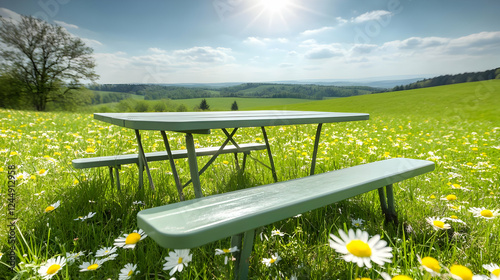 Picnic Table Sits in a Fiel...