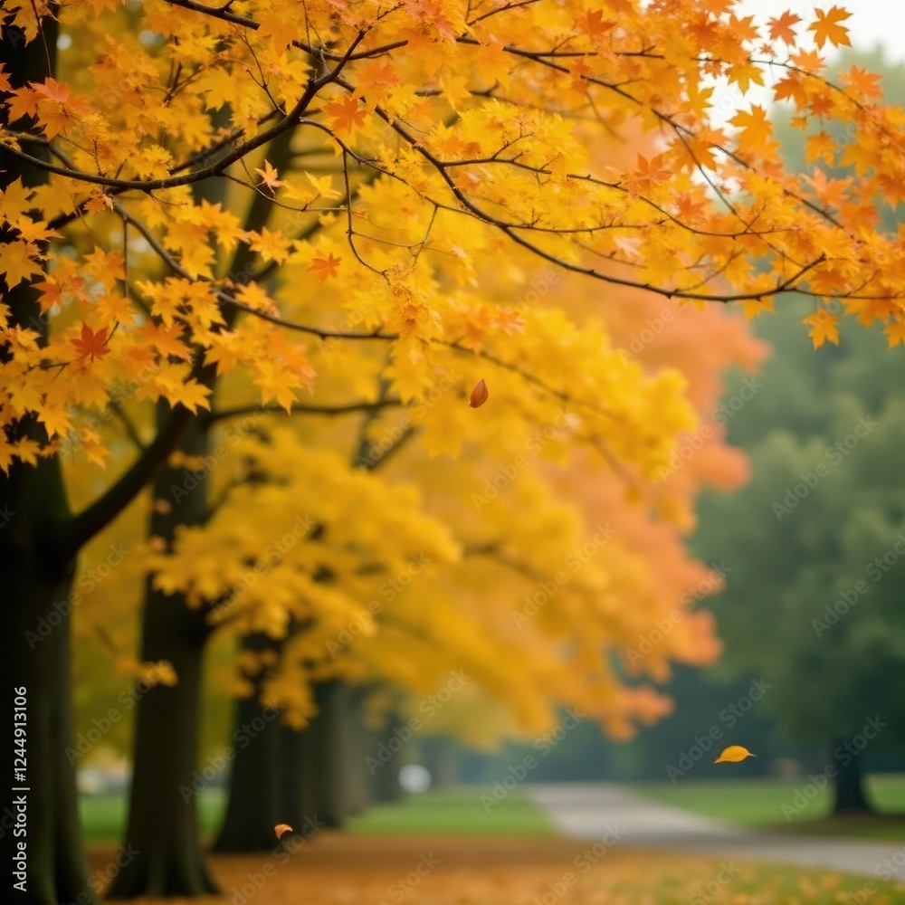 Fototapeta premium Colorful yellow leaf falls from bare tree branch, autumn, foliage, fall