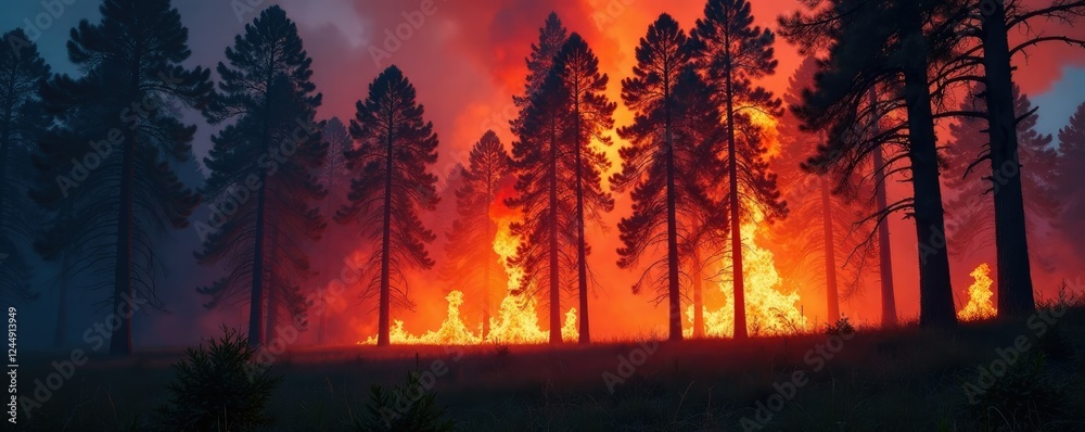 Fototapeta premium Flames engulfing tall trees in a dense forest, smoke, blaze, landscape