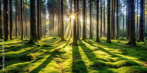 Sunbeams Illuminate a Mystical Mossy Forest Floor at Dawn