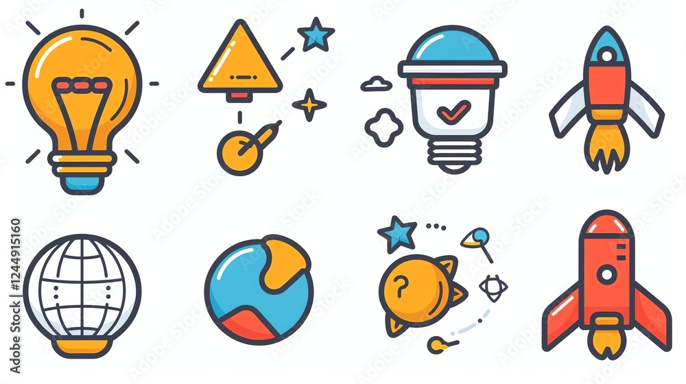 Fototapeta premium Colorful icons representing ideas, innovation, and global startup.