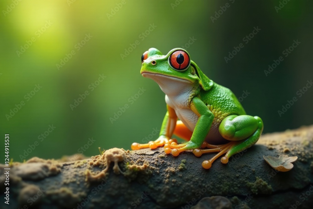 Naklejka premium Frosch sitzt auf Styroporresten in der Seitenansicht mit Bl?ttern und Zweigen, bl?tter, ruhig, fr?sche